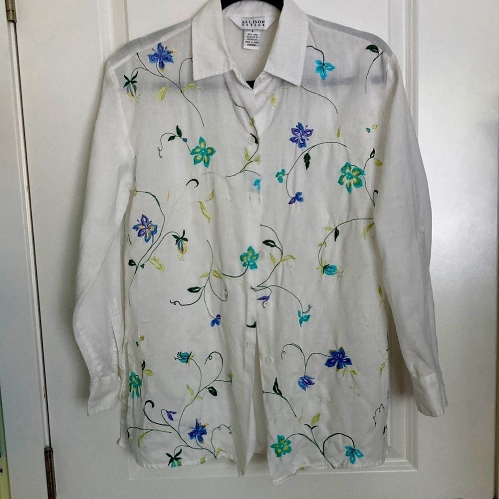 Allison Taylor Women's 100% Linen Embroidered Button Down Top Long Sleeves Sz S